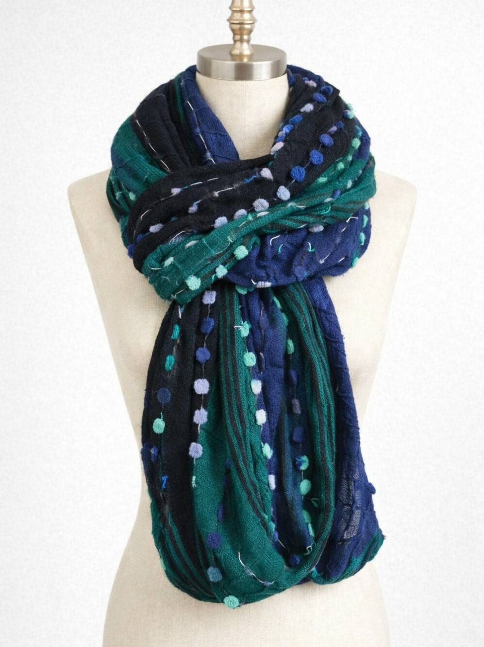 Oversized Infinity Scarf Black Blue Green Colorblock Textured Knit Pom Poms Cozy